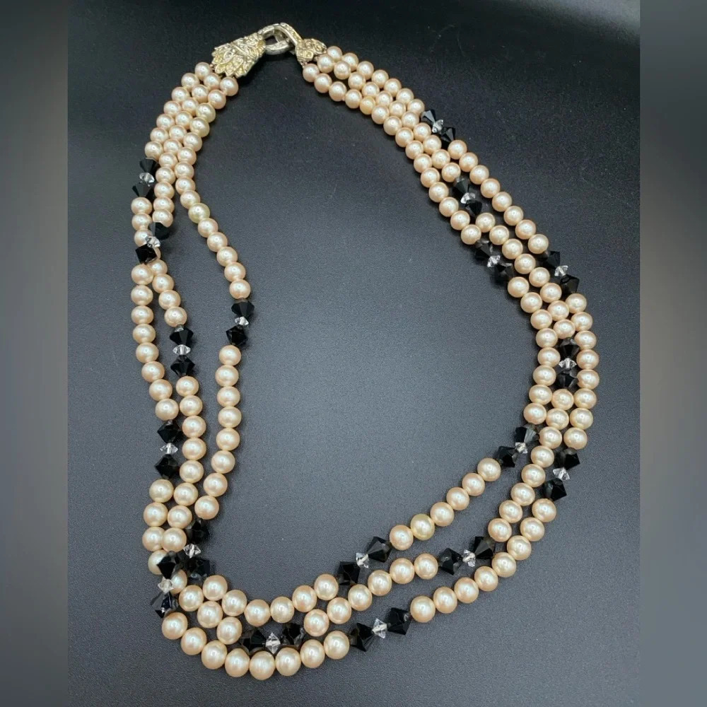 Eccentric Glam Vintage Glass Pearl and Rhinestone Hook Clasp Necklace